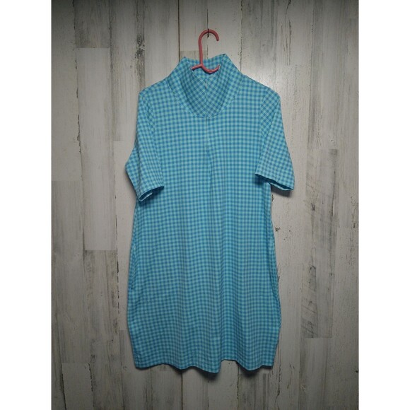Land's End Women's Medium Blue Gingham Check Short Sleeve Zip Up Dress - Picture 1 of 11